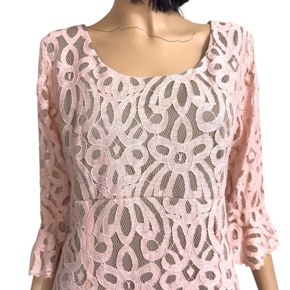 Empire Midi Dress 16 Pink Lace Overlay Bell Sleeve Event Bridal Party Fairy Boho - Picture 5 of 15